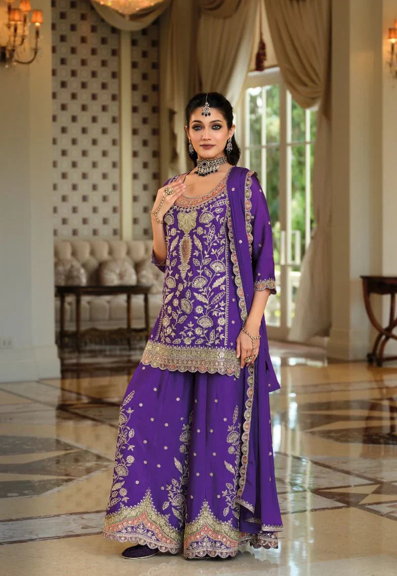 Eba An Royal Purple Heavy Embroidered Kurti Palazzo Set – Elegant Ethnic Fashion in USA