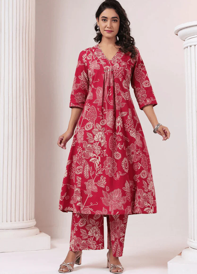 Elegant Pink Floral Printed A-Line Kurta Set – Graceful Ethnic Fashion in USA at Swaraksha Fashions