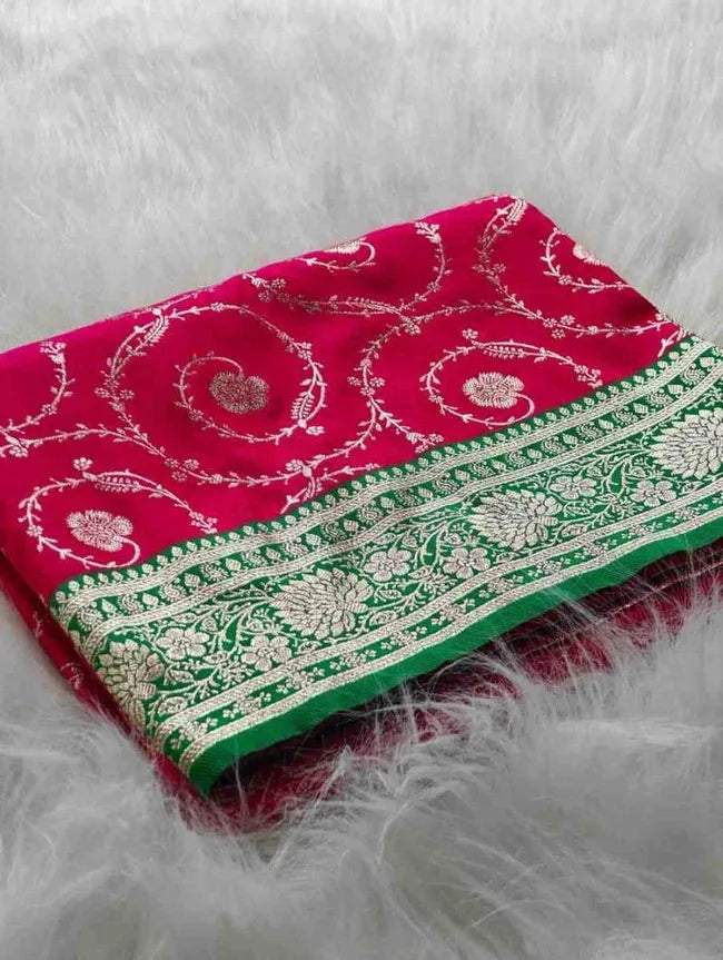 Vibrant Magenta Rich Green Border Premium Banarasi Silk Saree – Luxurious Traditional Fashion in USA