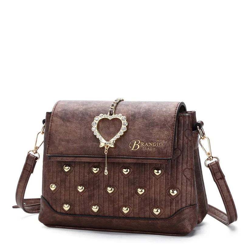 Brangio Italy Brown Heart-Studded Designer Crossbody Handbag – Elegant USA Boutique Fashion at Swaraksha Fashions