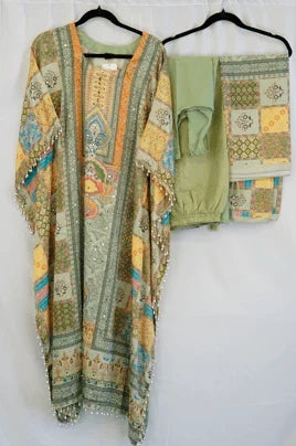 Olive Green Printed Kaftan Set with Mirror Embellishments and Matching Dupatta – Designer Indo-Western Festive Wear in USA