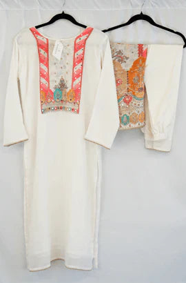 Ivory Embroidered Kurta Set with Multicolor Mirror Work Yoke – Elegant Indian Ethnic Wear in USA