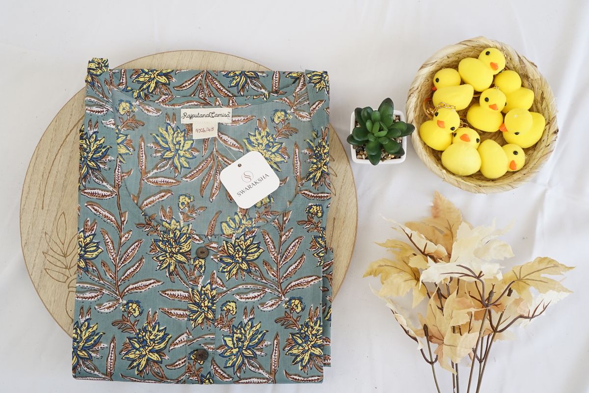 Dusty Blue Yellow Floral Printed Cotton Kurta – Elegant Everyday Ethnic Fashion in USA at Swaraksha Fashions