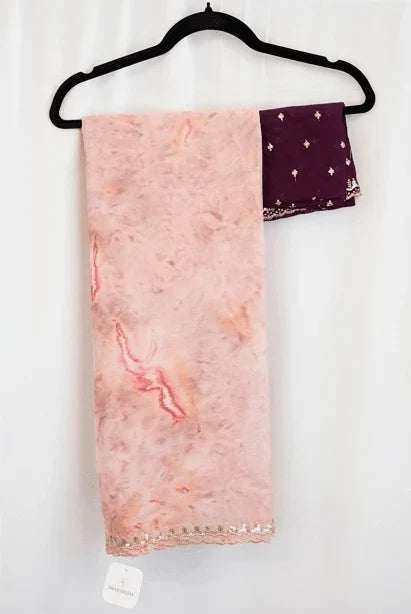 Rose Beige Marble Print Saree with Sequin Lace Border and Plum Embroidered Blouse