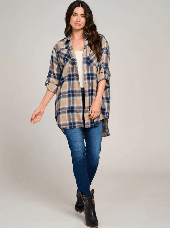 Beige & Navy Plaid High-Low Open Back Button-Up Shirt – Chic Women's Casual Fashion in USA