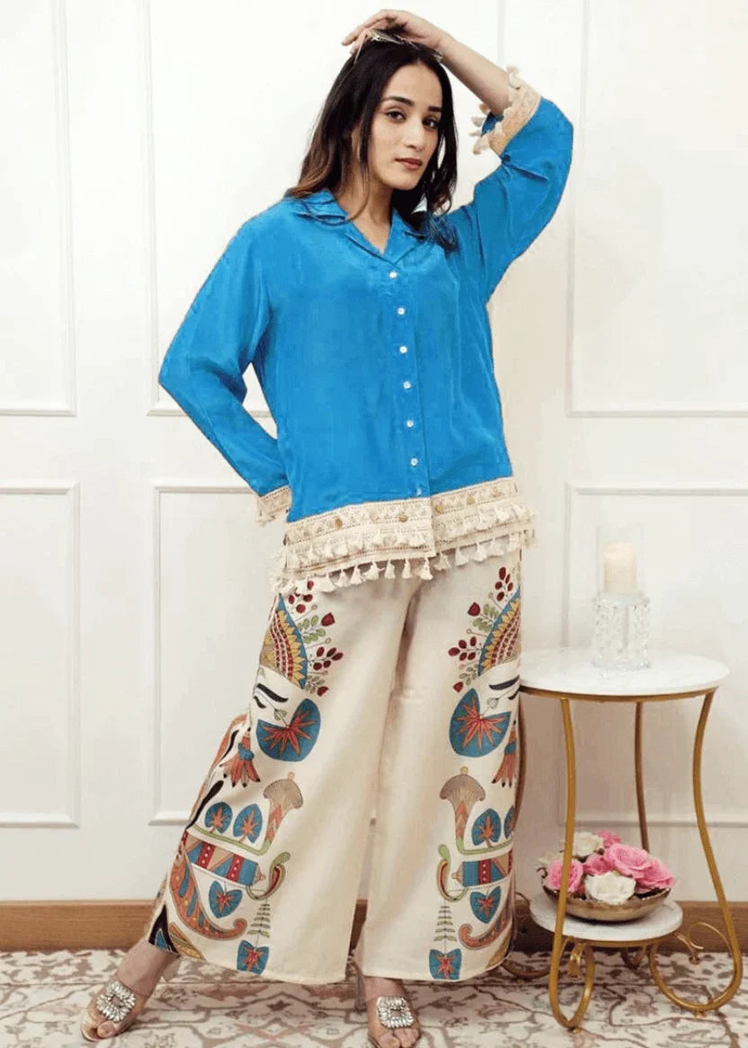 Blue Lace Trim Shirt & Printed Palazzo Set