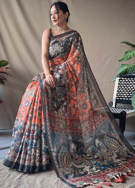 Elegant Rust & Black Kalamkari Printed Saree – Timeless Artistic Fashion in the USA