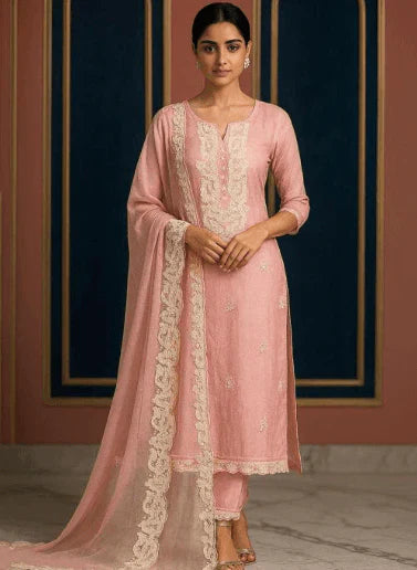 Dusty Rose Embroidered Straight Kurta Set with Dupatta in USA – Available at Swaraksha Fashions, Overland Park KS