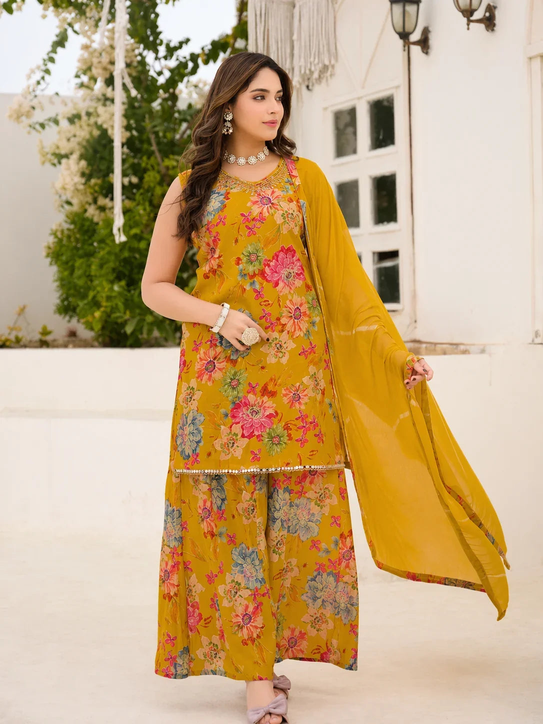 Mustard Floral Printed Sharara Set with Dupatta – Elegant Festive Wear for Women in USA