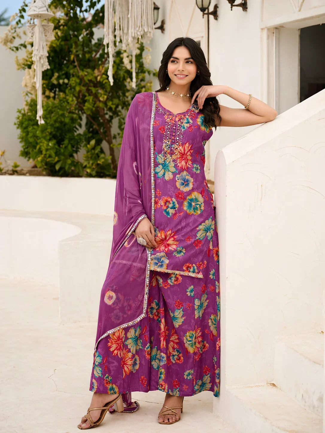 Purple Georgette Floral Printed Sharara Set – Elegant Festive Wear for Women in USA