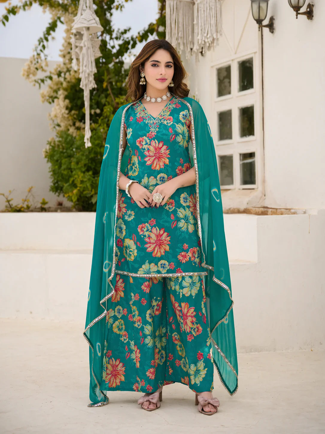 Teal Green Georgette Floral Printed Sharara Set – Elegant Ethnic Fashion for Women in USA