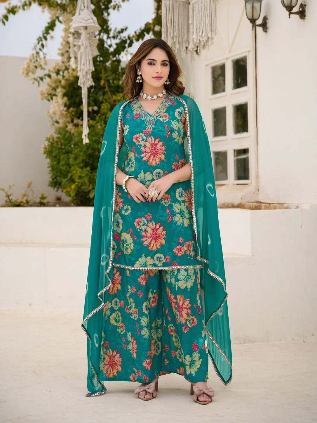 Teal Green Georgette Floral Printed Sharara Set – Elegant Festive Wear for Women in USA