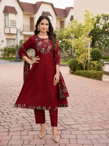 Maroon Cotton Floral Embroidered Kurta Set with Dupatta – Everyday Elegance in the USA