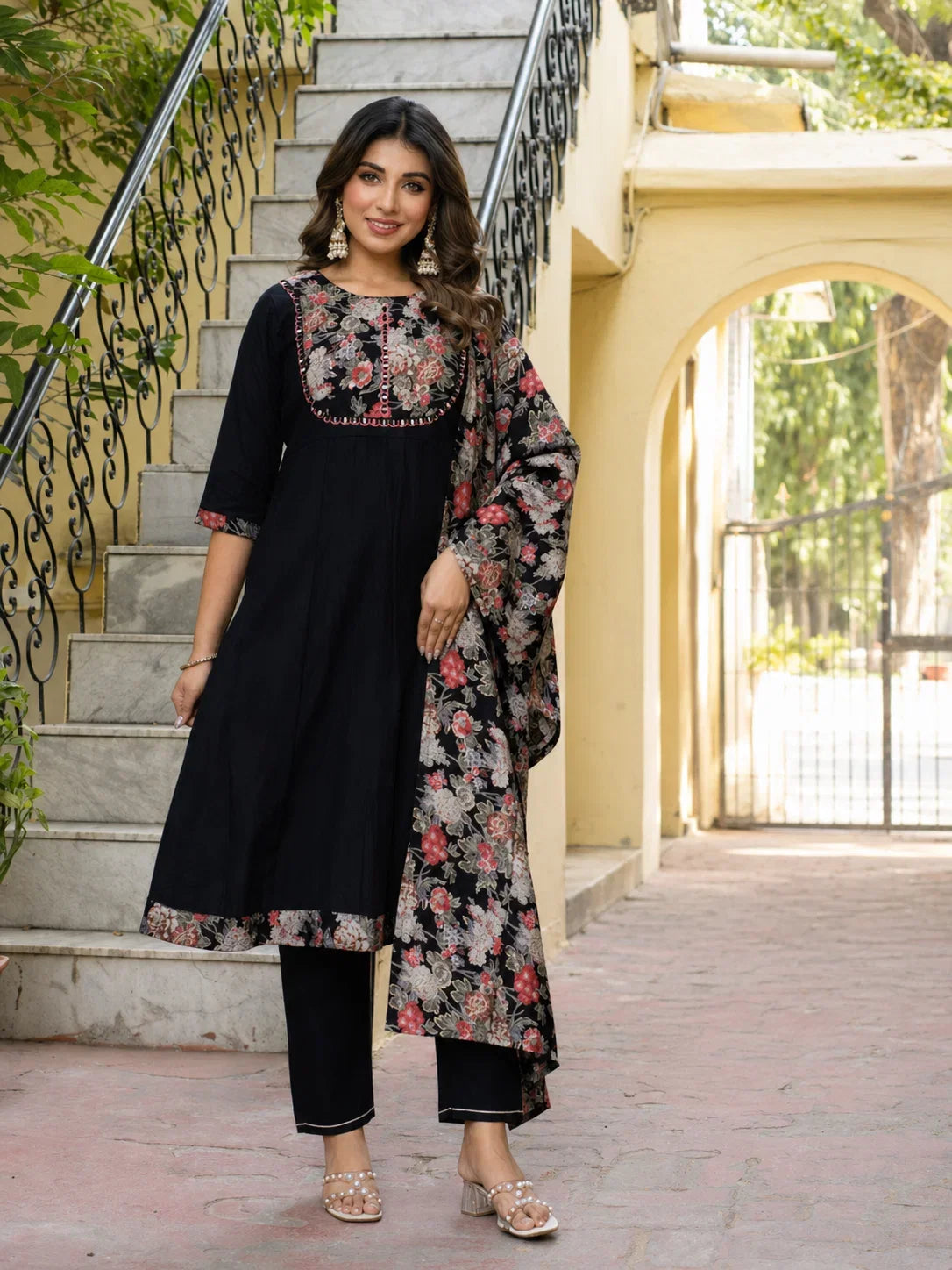 Black Cotton Floral Printed Kurta Set with Dupatta
