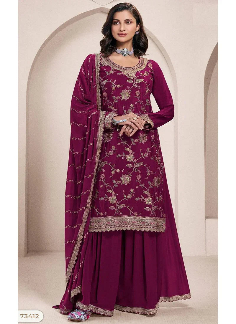 Rani Pink Georgette Floral Embroidered Sharara Set – Elegant Festive Ethnic Wear in USA at Swaraksha Fashions