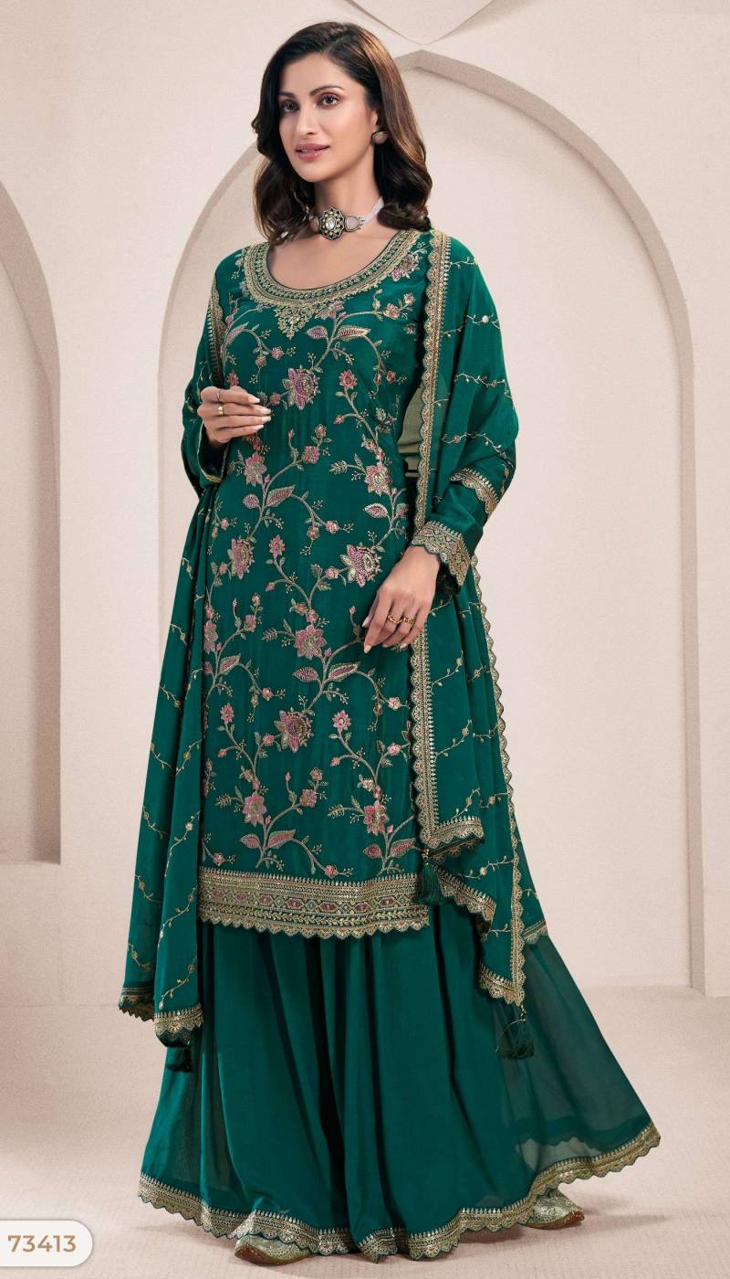 Emerald Green Floral Embroidered Sharara Set