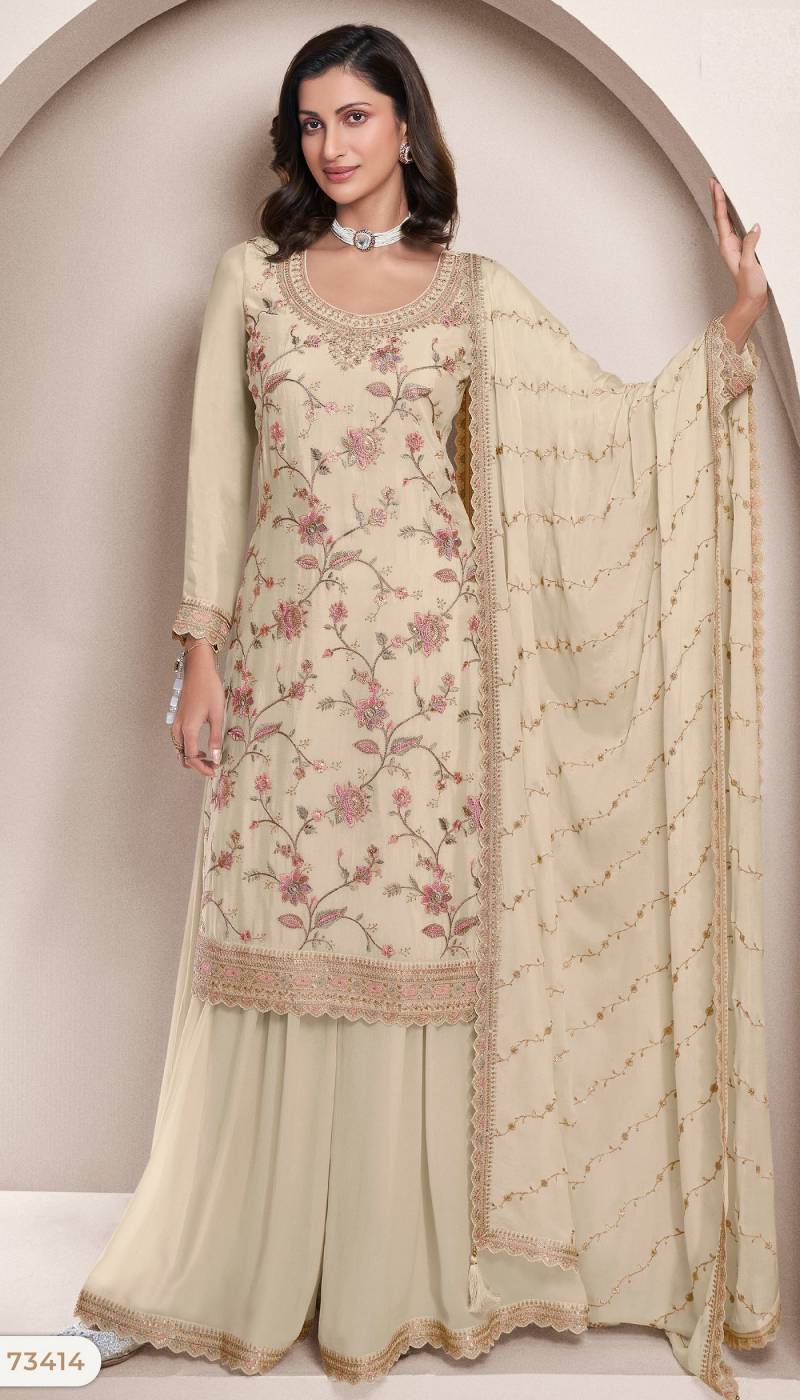Cream Floral Embroidered Sharara Set with Dupatta