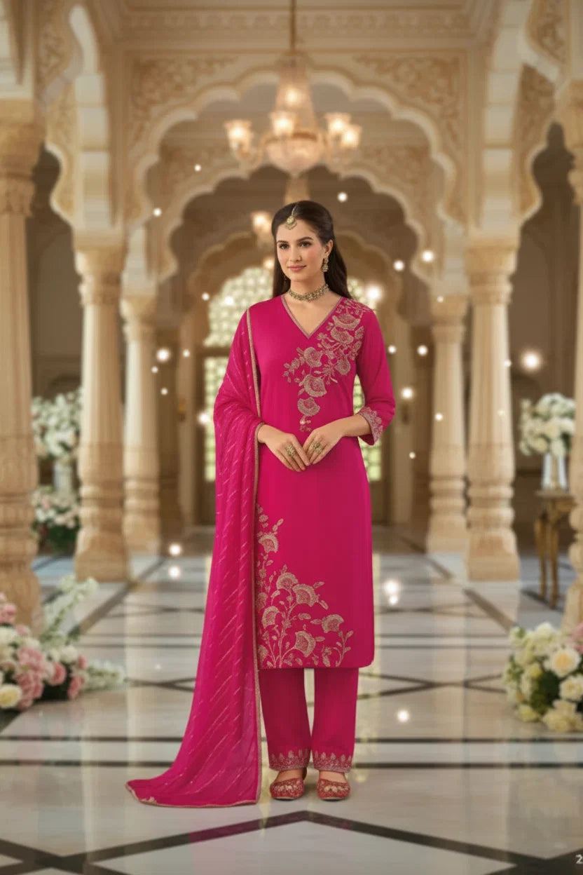 Hot Pink Embroidered Straight Kurta Set with Dupatta – Elegant Designer Ethnic Wear in USA