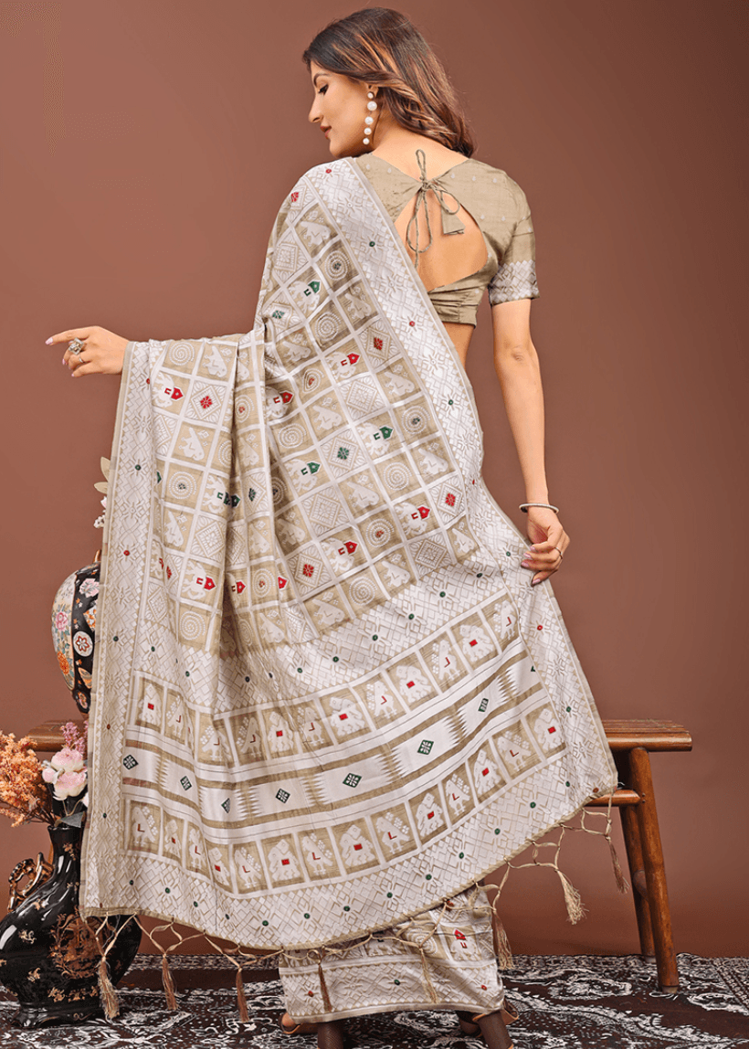 Brown Linen Cotton Weaving Work  Saree
