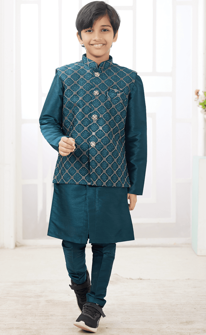 Dark Sea Green Art Banarasi Silk Printed Readymade Kids Kurta Pajama