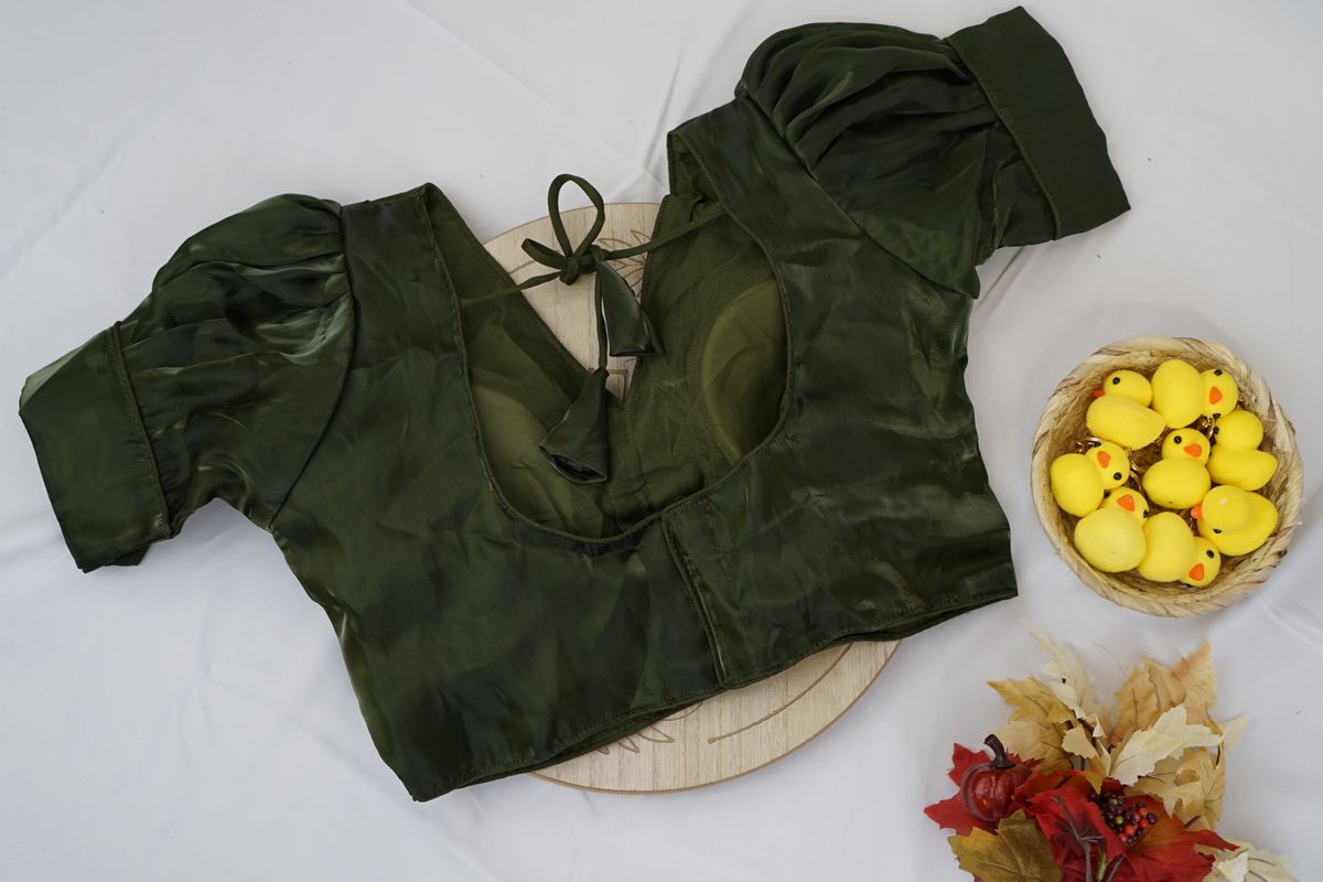 Olive Green Silk Puff Sleeve Blouse