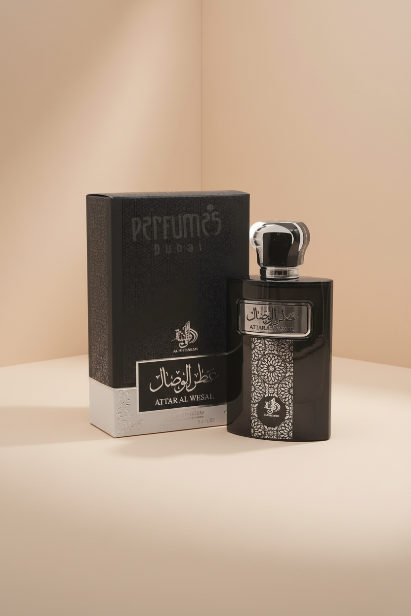 Perfume bottle and packaging with 'Perfumes Dubai' branding on a white background