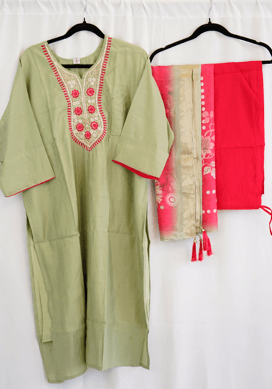 Pista Green Embroidered Kurta Set with Red Dupatta