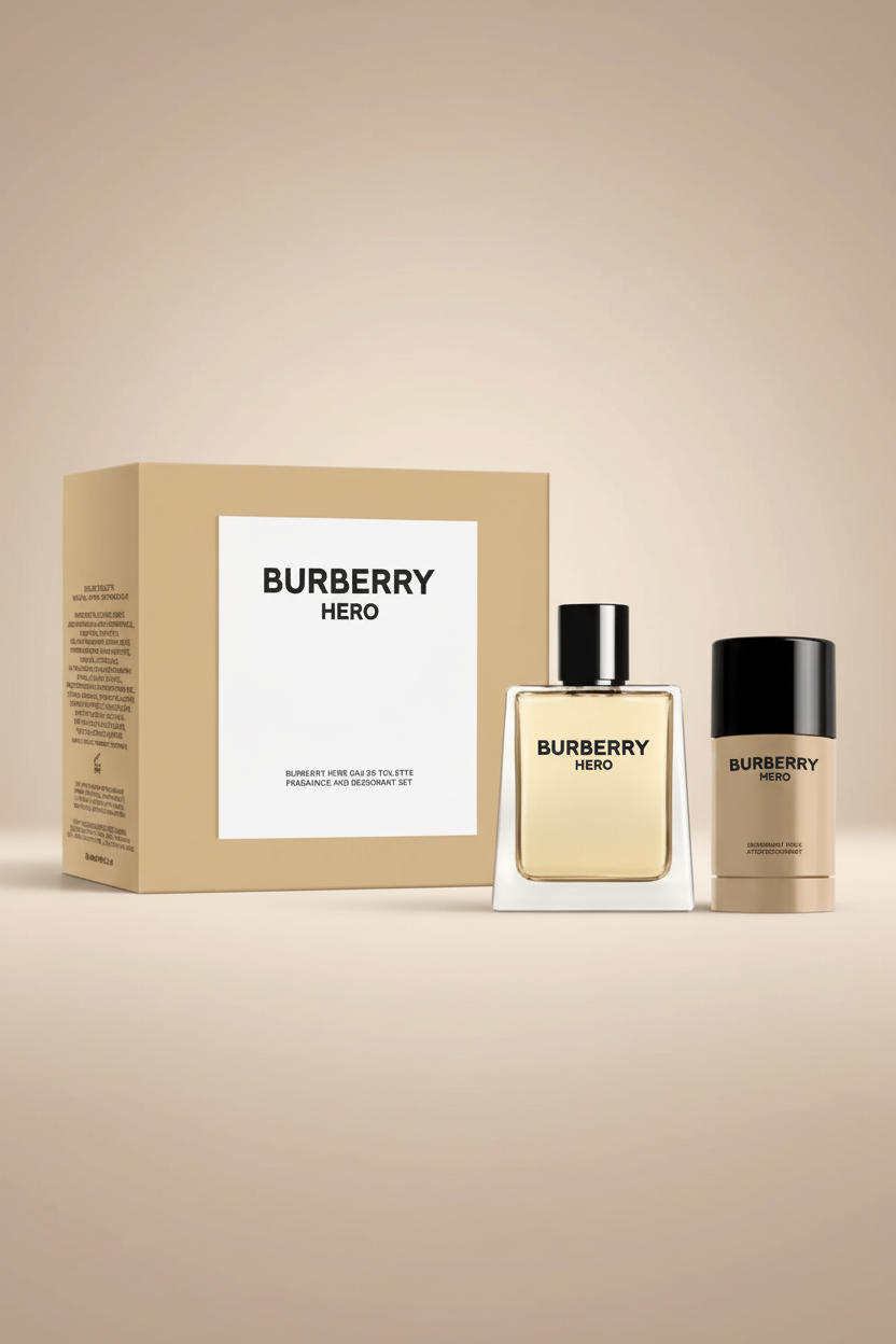 Burberry Hero perfume set with two bottles and a box on a white background