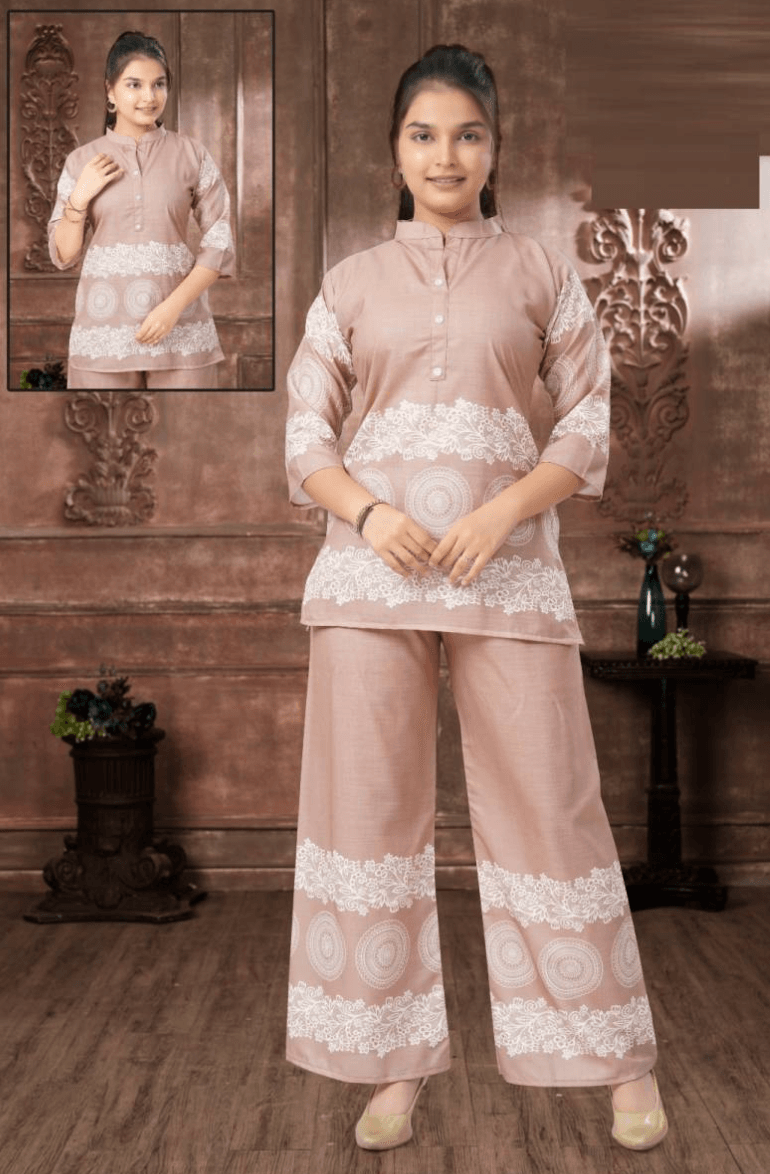 Meenachi  Peach  Co Ord Set Cotton Slub Digital Printed