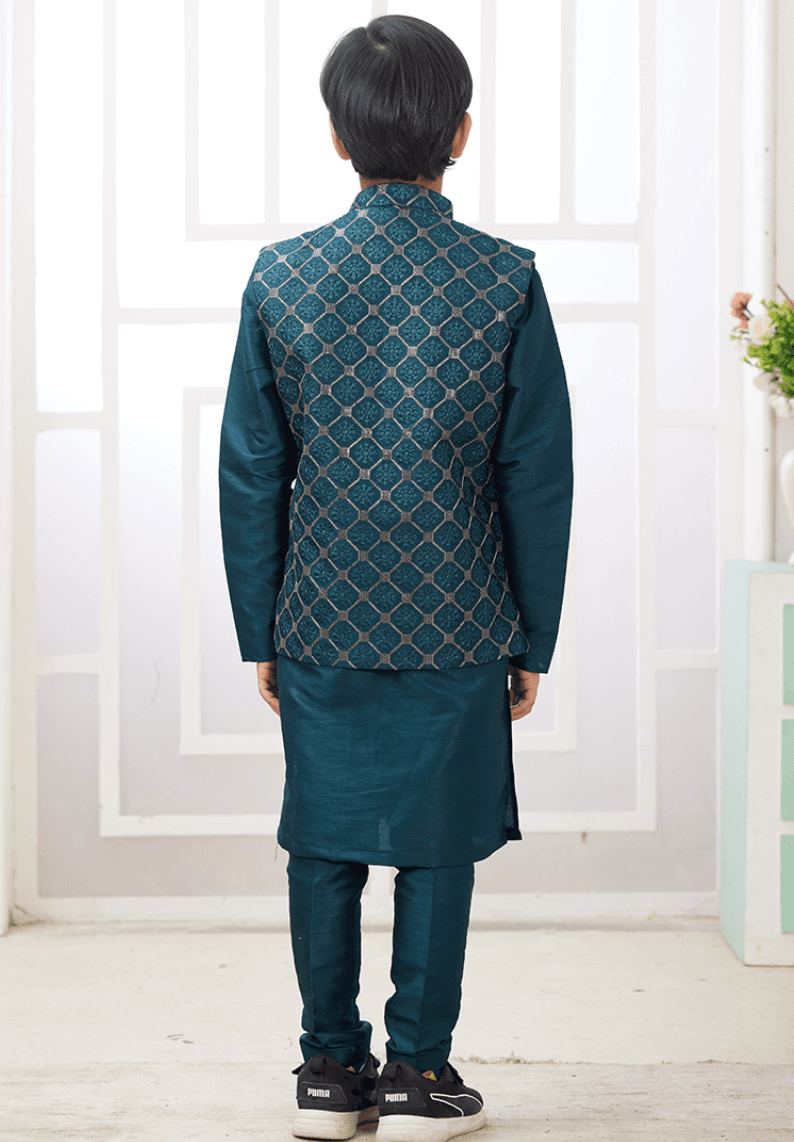 Dark Sea Green Art Banarasi Silk Printed Readymade Kids Kurta Pajama