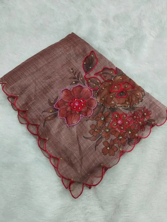 brown-maroon with red floral embroidery Organza With Digital Printed Saree Collectio