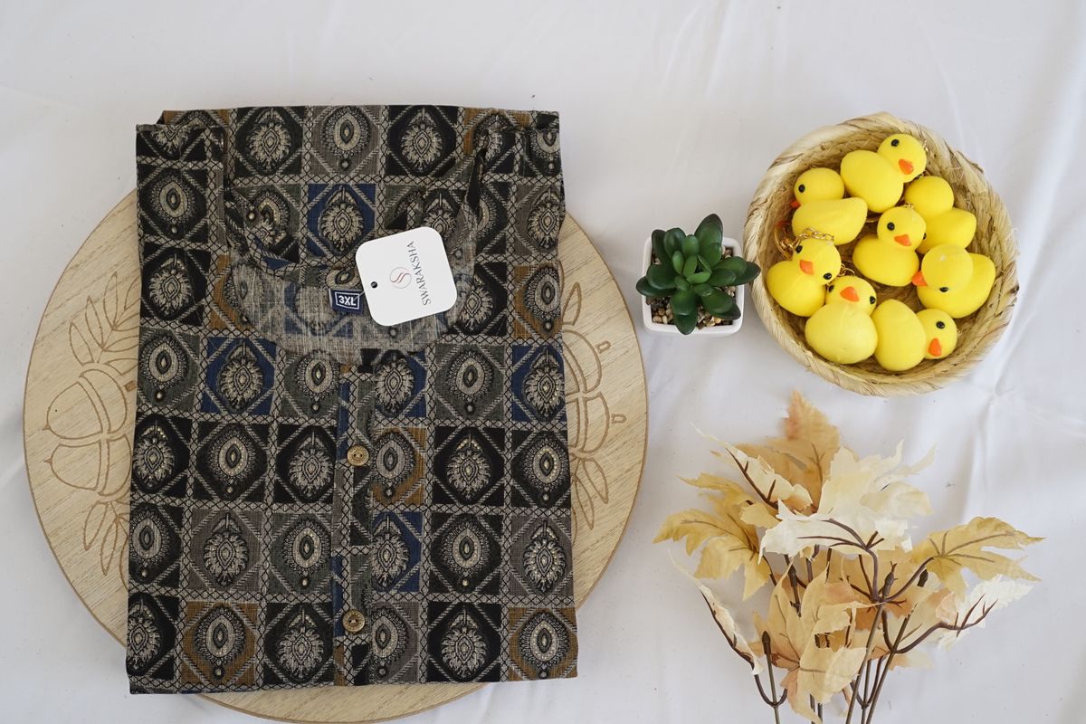 Black & Olive Geometric Printed Rayon Kurta