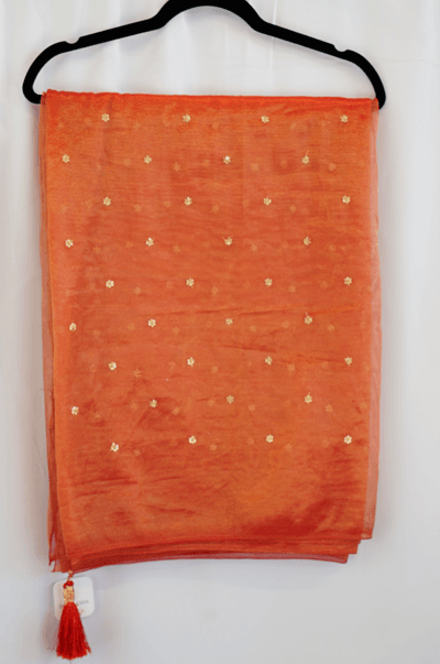 Rust Orange Tissue Saree with Golden Zari Butti Work