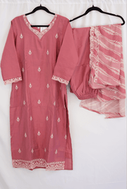 Dusty Mauve Embroidered Kurti Set with Printed Dupatta