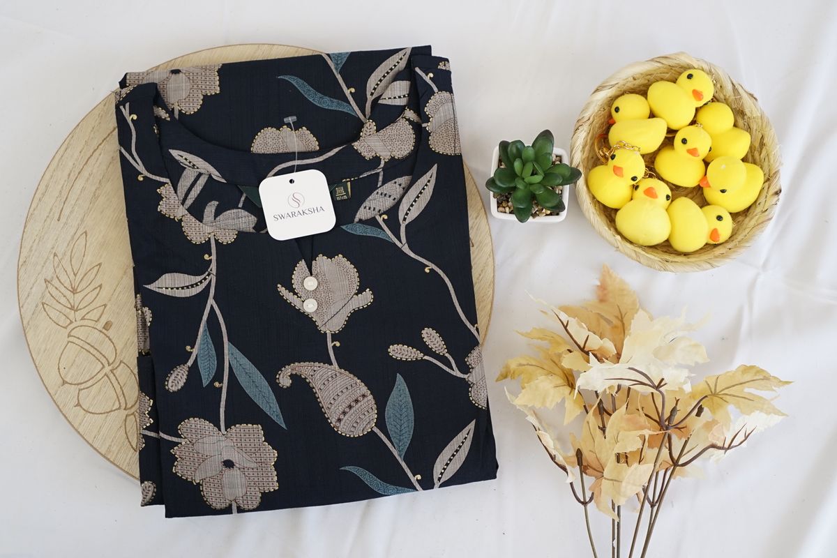 Navy Blue Floral Printed Rayon Kurta