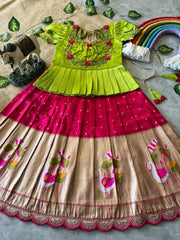 Green & Pink Traditional Kids Lehenga Choli Set with Embroidered Top