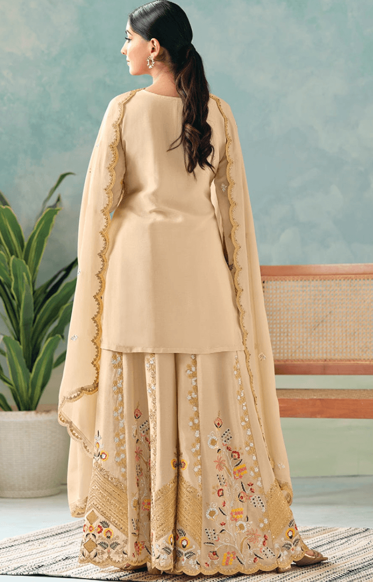 Luxury Beige Embroidered Kurti Sharara Set with Dupatta
