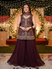 Wine Maroon Embroidered Sharara Set with Jacket