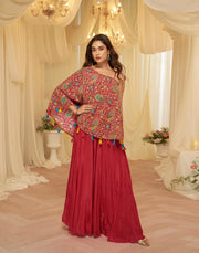 Red Multicolor Floral Cape Sharara set