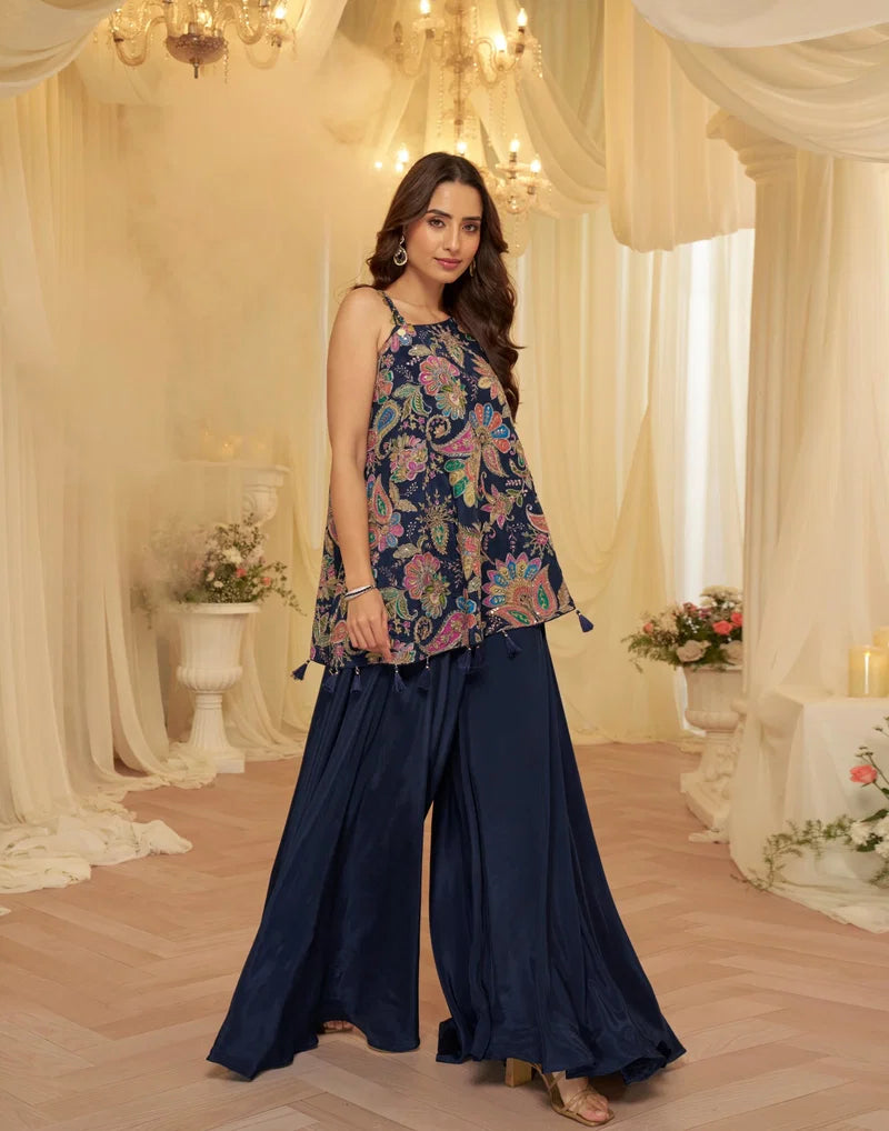 Navy Blue Floral Cape Sharara Set