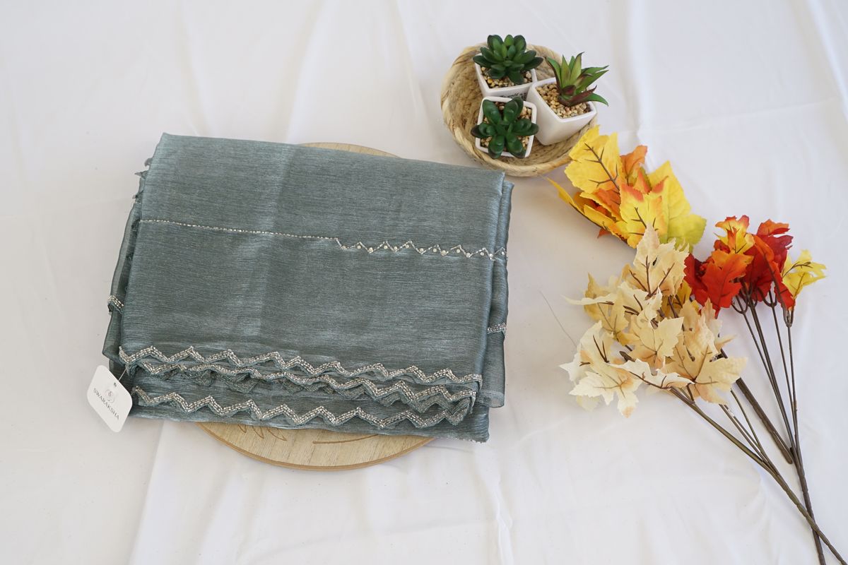 Sage Green Silk Saree with Silver Mirror Work Border