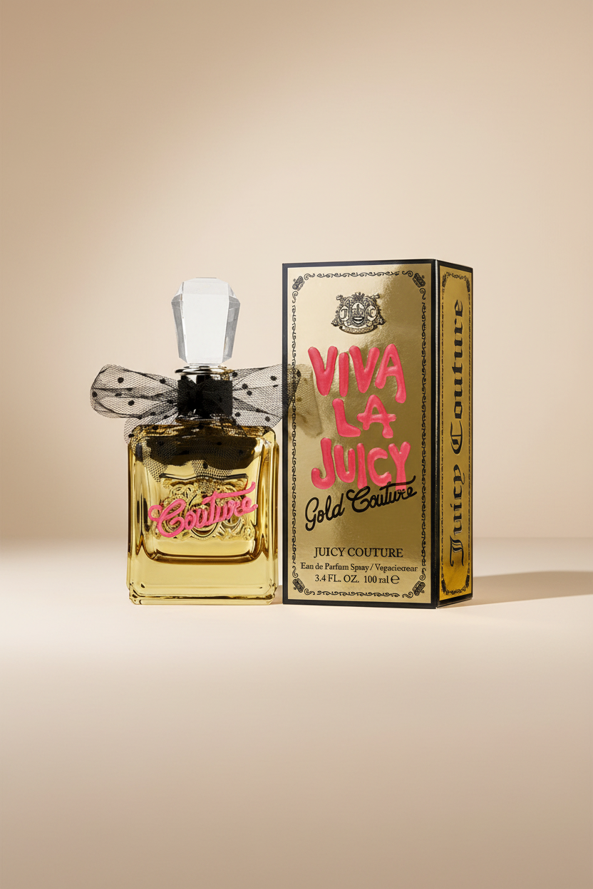 Juicy Couture Viva La Juicy Gold Couture perfume bottle and packaging on a white background