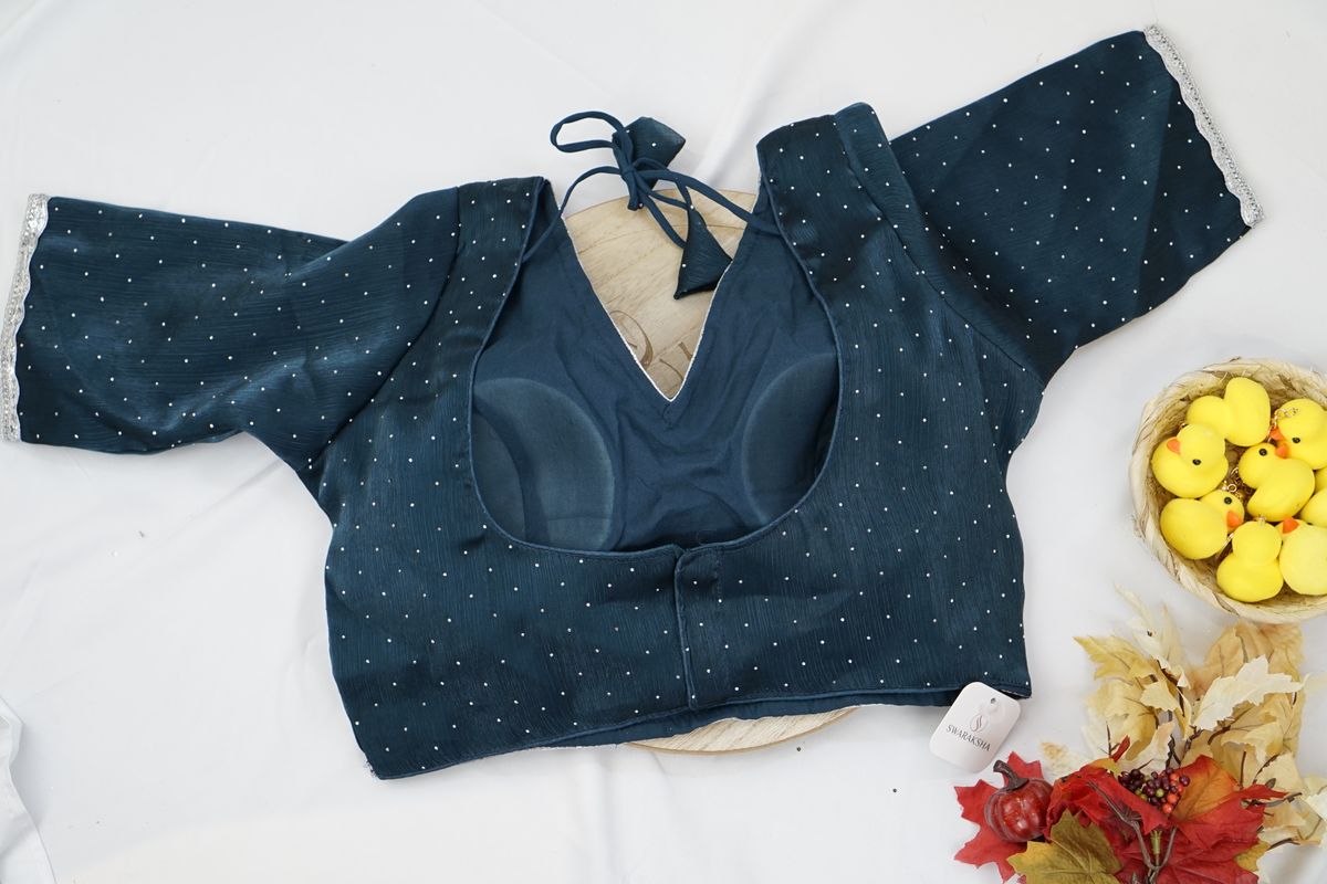 Navy Blue Silver-Trim Party Wear Blouse with Elbow Sleeves