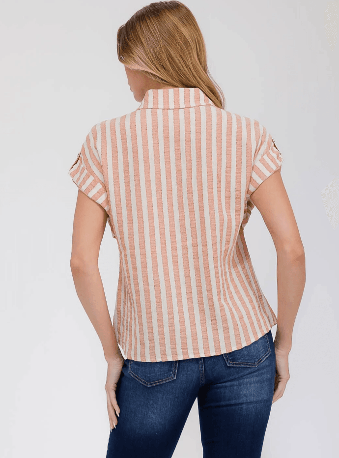 Peach & Cream Striped Button-Up Short Sleeve Blou