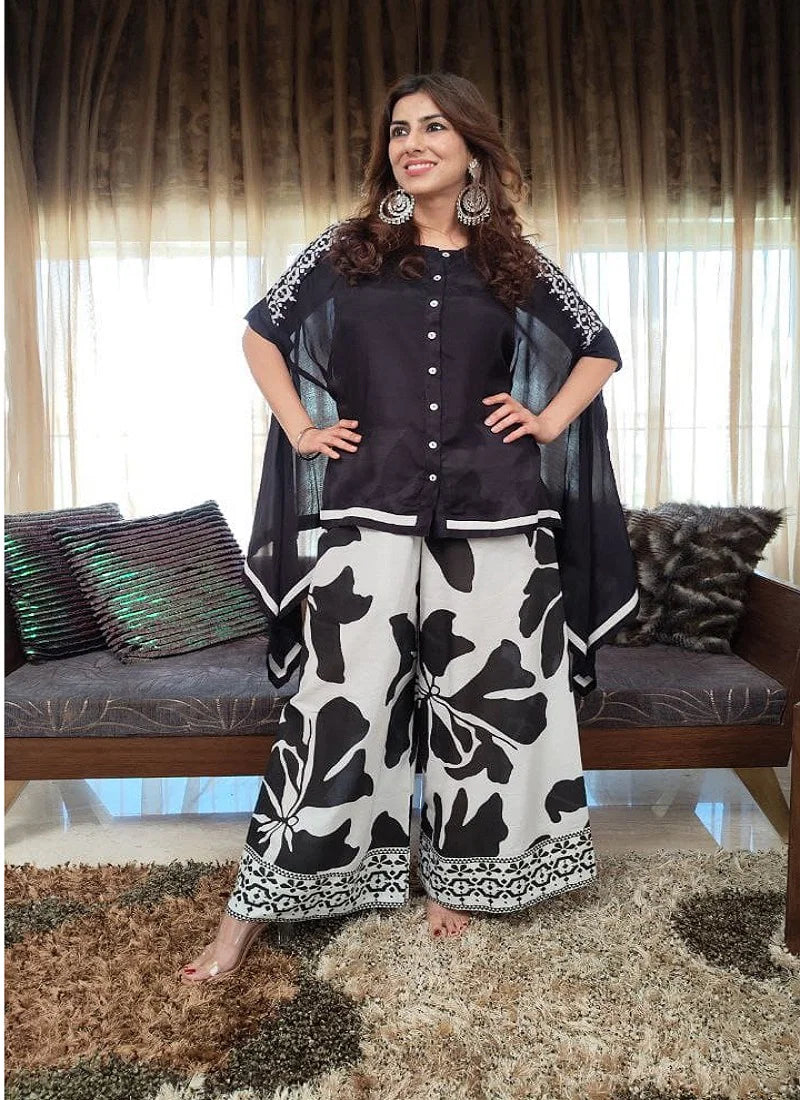Chic Black Sheer Cape Top with Printed Palazzo Set