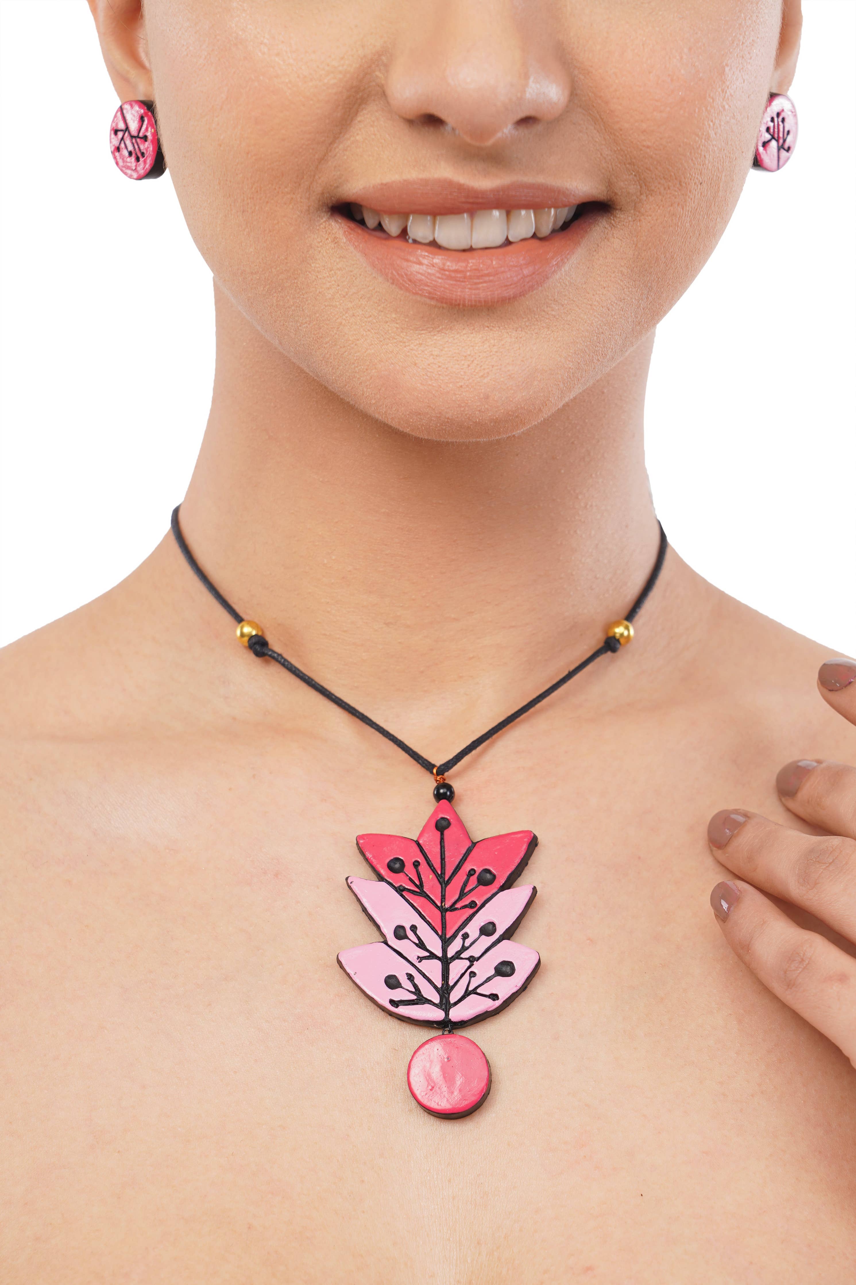 Pink Leaf Maple Jewelry Set | Clay Necklace and Earrings