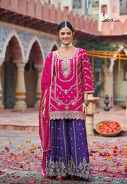 Eba K Rani Pink Embroidered Kurti with Royal Purple Palazzo Set