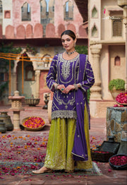 Eba K Royal Purple & Olive Green Embroidered Kurti Palazzo Set