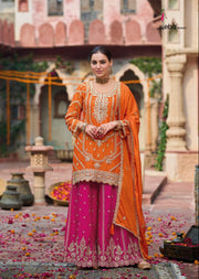 Eba K Sunset Orange & Rani Pink Embroidered Kurti Palazzo Set