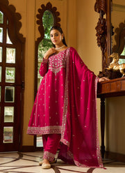 Sanika Ruby Pink Zari Embroidered Kurti Pant Set with Dupatta